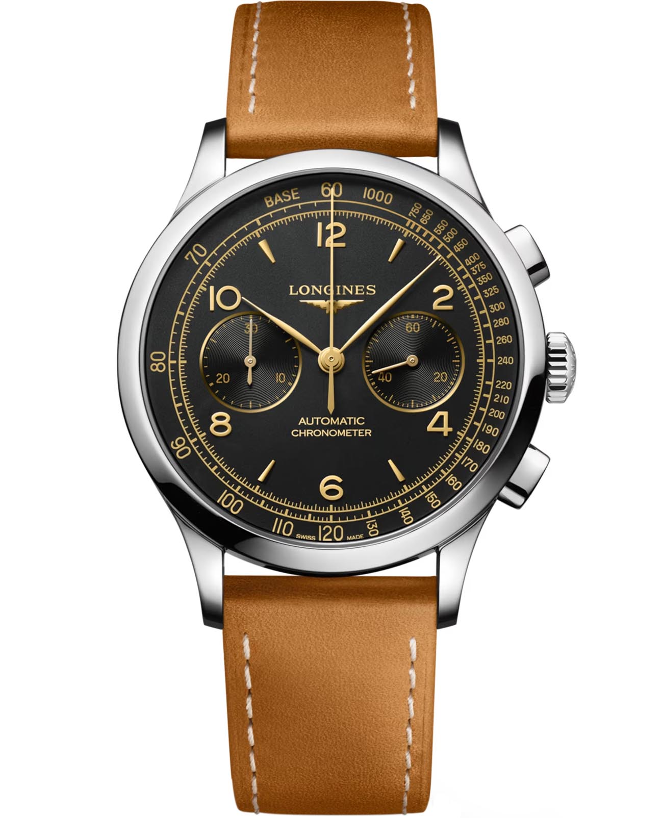 Longines Longines Record Collection L2.921.4.56.2  L29214562 механические мужские часы черный циферблат, браслет кожаный — вид спереди